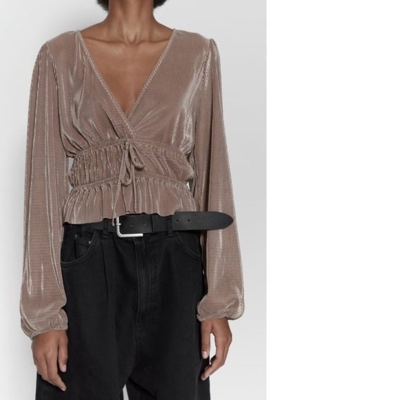 Zara Women’s Taupe Pleated Peplum long sleeve top NWT - Picture 4 of 5